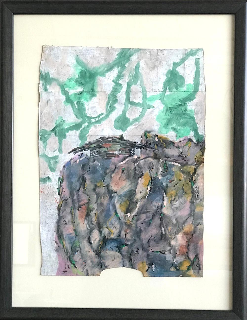 Reginald K. Gee Landscape Art - LAST HOUSE ON KENCH AVE. Signed Oil Pastel, Cliffside Ranch House, Pink, Gray