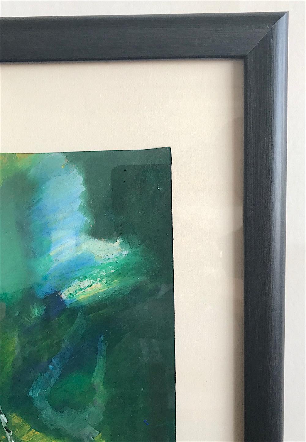 CURIOUS PHENOMENA, signiert, Öl Pastell, abstrakte Landschaft, grau-grün-gelbe Koralle (Blau), Abstract Drawing, von Reginald K. Gee