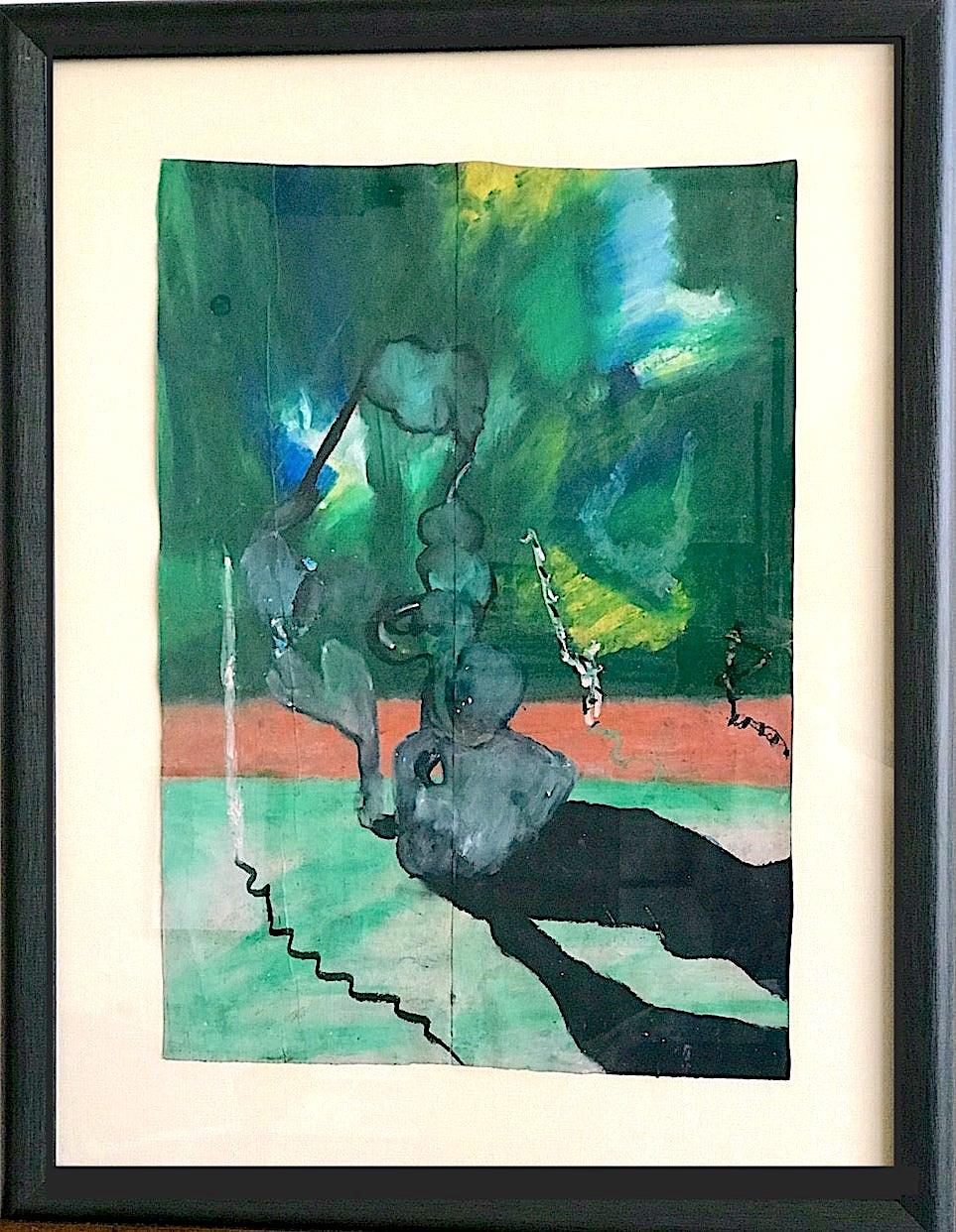 CURIOUS PHENOMENA Signed Oil Pastel, Abstract Landscape, Gray Green Yellow Coral