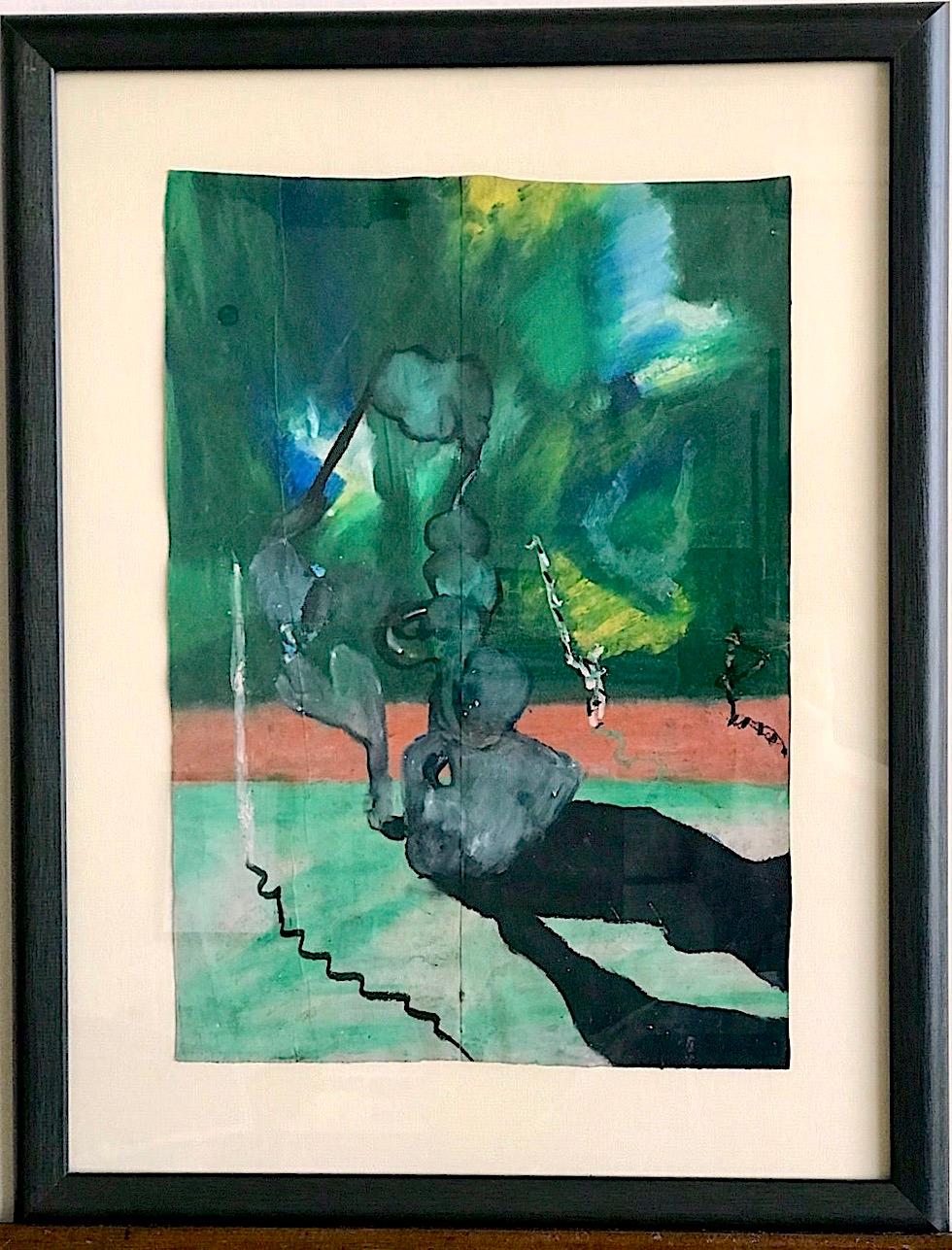 CURIOUS PHENOMENA Signed Oil Pastel, Abstract Landscape, Gray Green Yellow Coral - Neo-Expressionist Art by Reginald K. Gee
