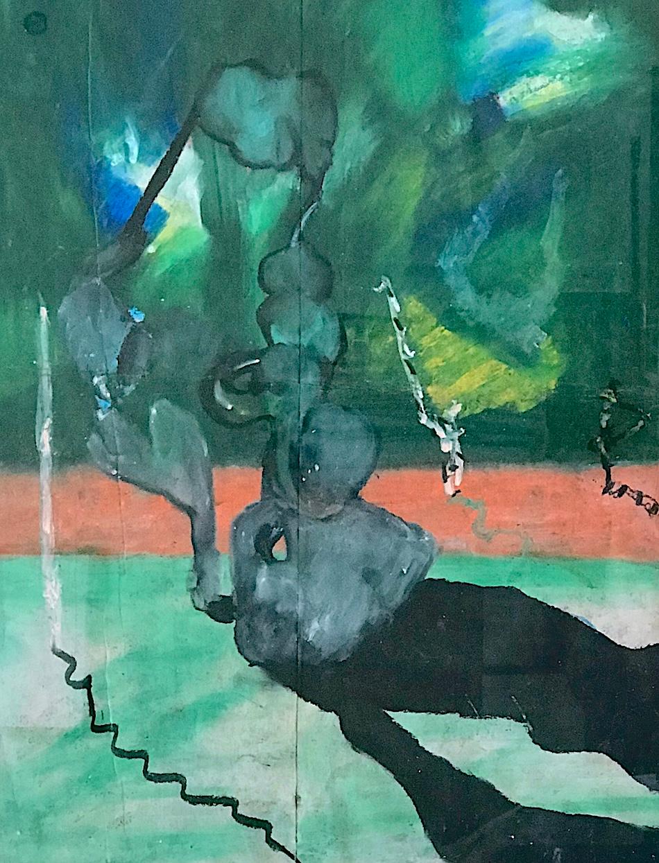 FENÓMENO CURIOSO Firmado Pastel al óleo sobre bolsa de la compra, Paisaje abstracto, Verde - Art Neoexpresionista de Reginald K. Gee