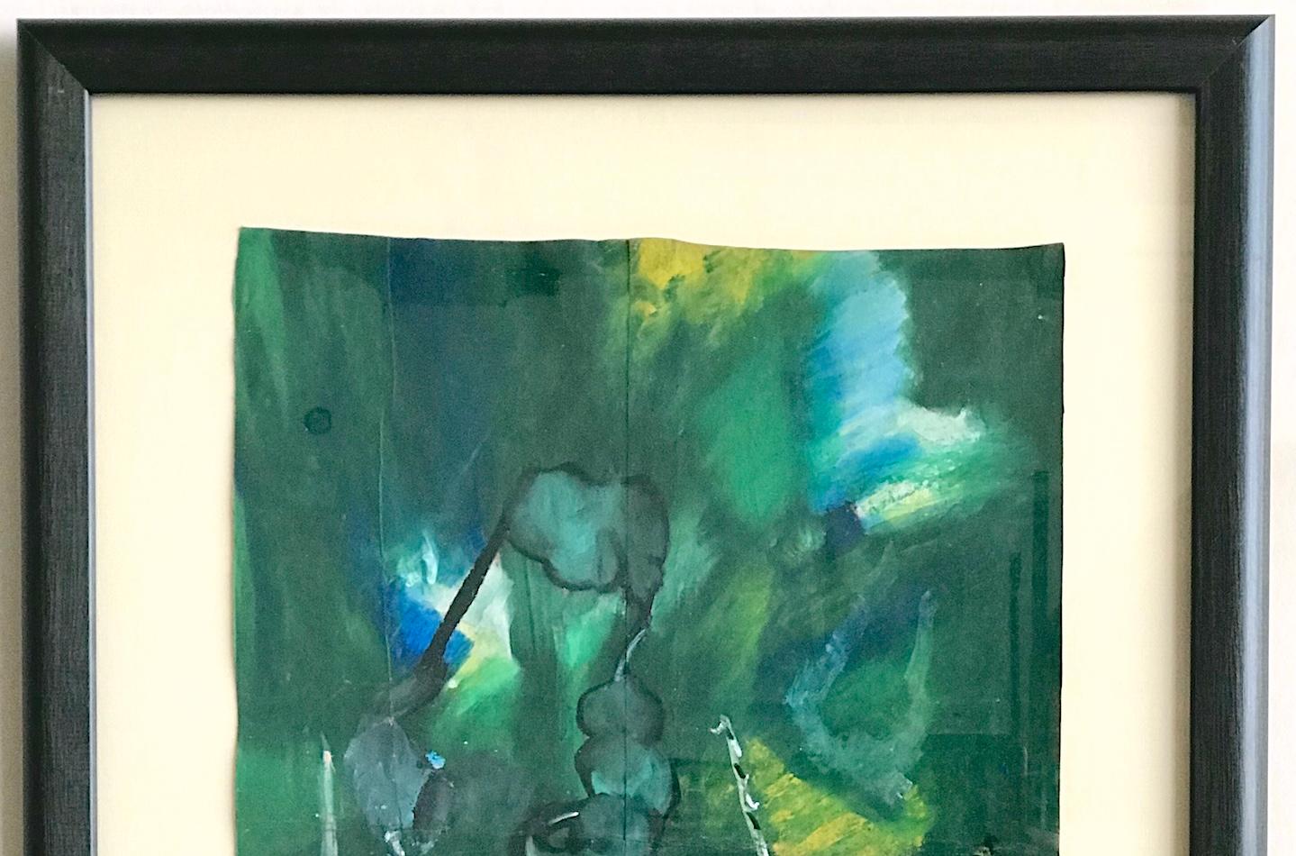 FENÓMENO CURIOSO Firmado Pastel al óleo sobre bolsa de la compra, Paisaje abstracto, Verde - Abstract Drawing Azul de Reginald K. Gee