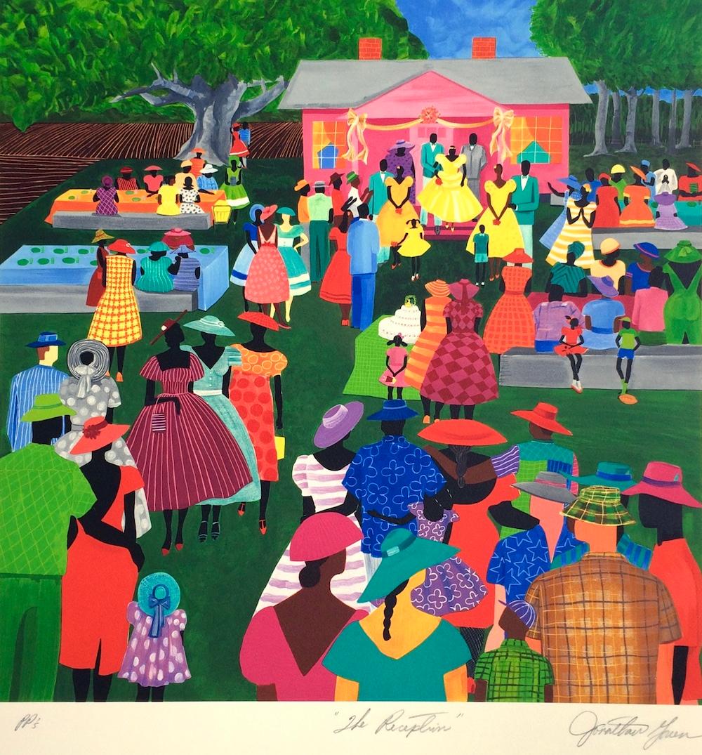 THE RECEPTION Signed Lithograph, Gullah Family Wedding, African American - Print by Jonathan Green