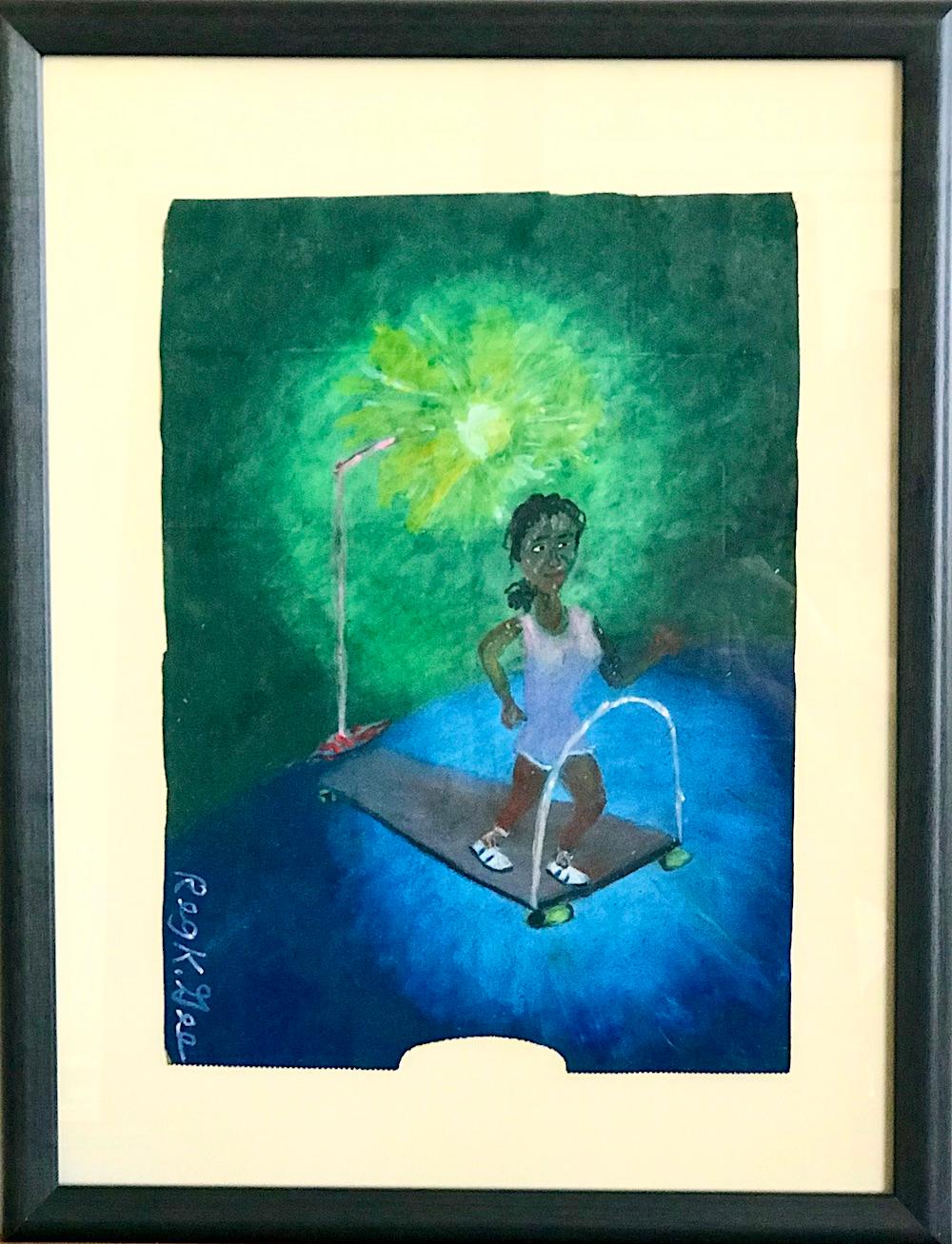 Reginald K. Gee Figurative Art - CALORIE BURNER(THIRD HOUR) Signed Oil Pastel Girl Pink Workout Shorts Treadmill 