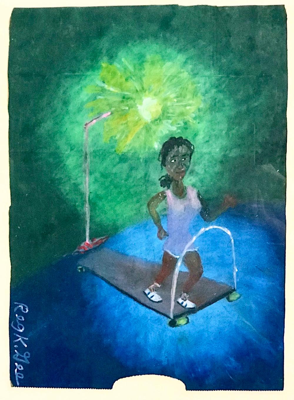 CALORIE BURNER(THIRD HOUR) Signed Oil Pastel Girl Pink Workout Shorts Treadmill  - Art by Reginald K. Gee