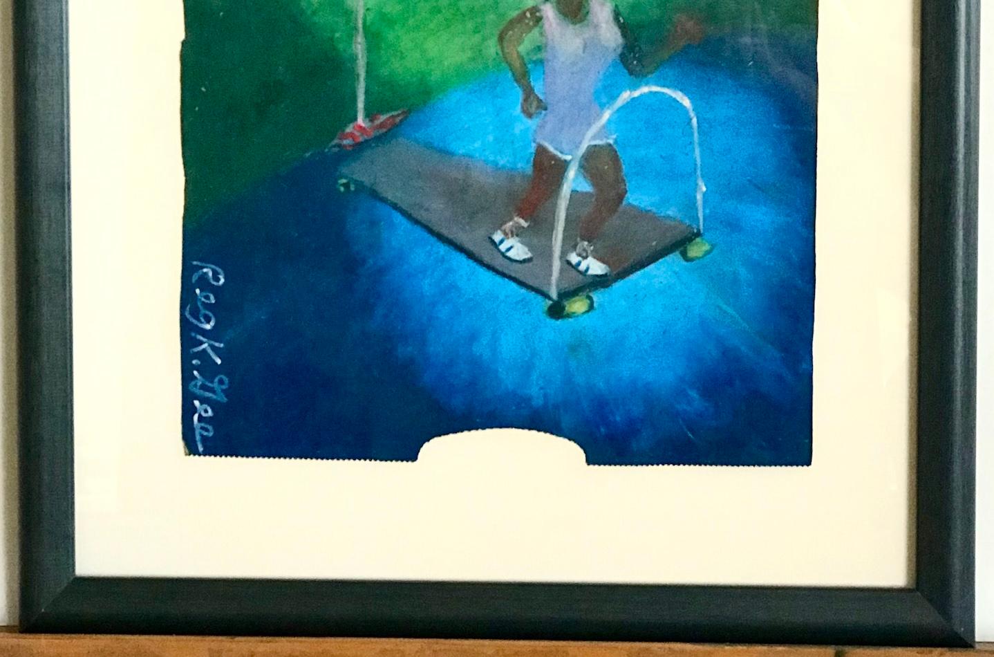 CALORIE BURNER(TERCERA HORA) es un dibujo original al pastel al óleo sobre bolsa de papel marrón de supermercado del artista autodidacta afroamericano Reginald K. Gee, nacido el 28 de abril de 1964 en Milwaukee, Wisconsin. Gee es conocido por su