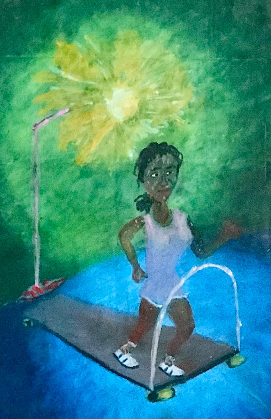 CALORIE BURNER(TERCERA HORA) Firmado Óleo Pastel Niña Pantalón Corto Entrenamiento Cinta de Correr Rosa - Art Neoexpresionista de Reginald K. Gee