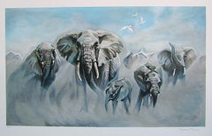 DUSTING ELEPHANTS Signed Lithograph, Elephant Portrait, Gray, Blue, Wildlife Art