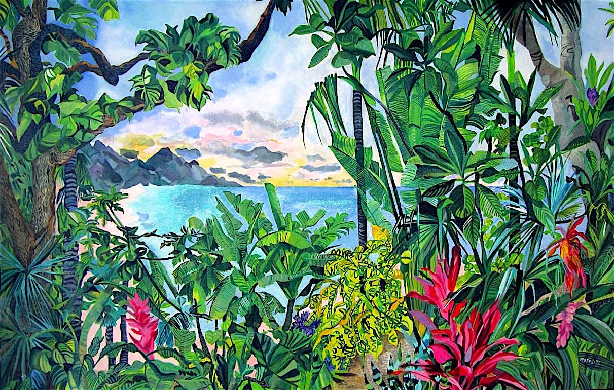 Eileen Seitz Landscape Print - BEYOND EARTHS BEAUTY Signed Lithograph, Island Landscape, Tropical Plants, Beach