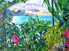 BEYOND EARTHS BEAUTY Signed Lithograph, Island Landscape, Tropical Plants, Beach