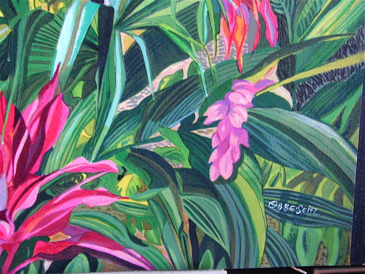 BEYOND EARTHS BEAUTY Signed Lithograph, Island Landscape, Tropical Plants, Beach - Contemporary Print by Eileen Seitz