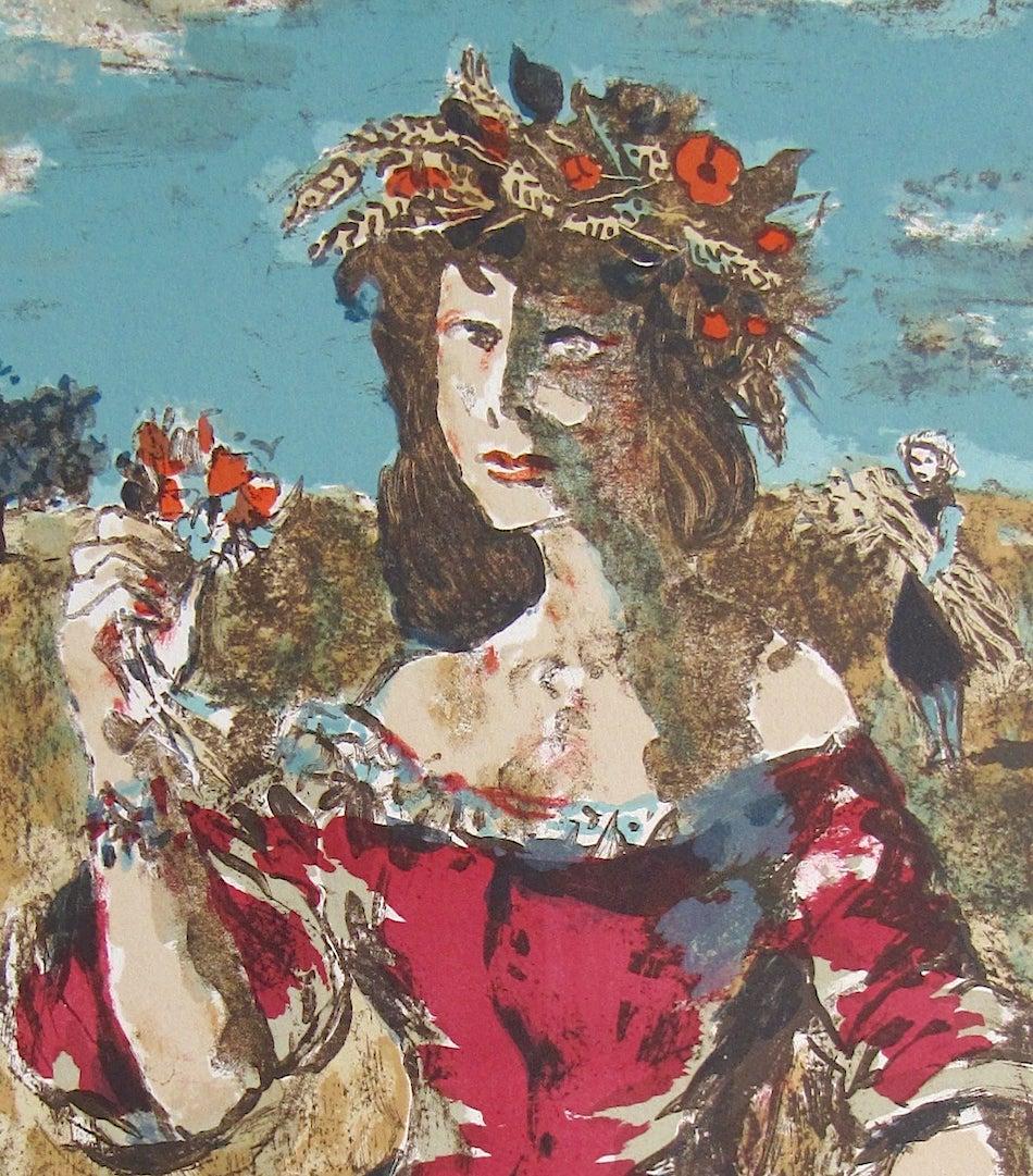 HARVEST QUEEN Signed Lithograph, Female Portrait, Field Flowers, Fruit, Wheat - Print by Roland Oudot