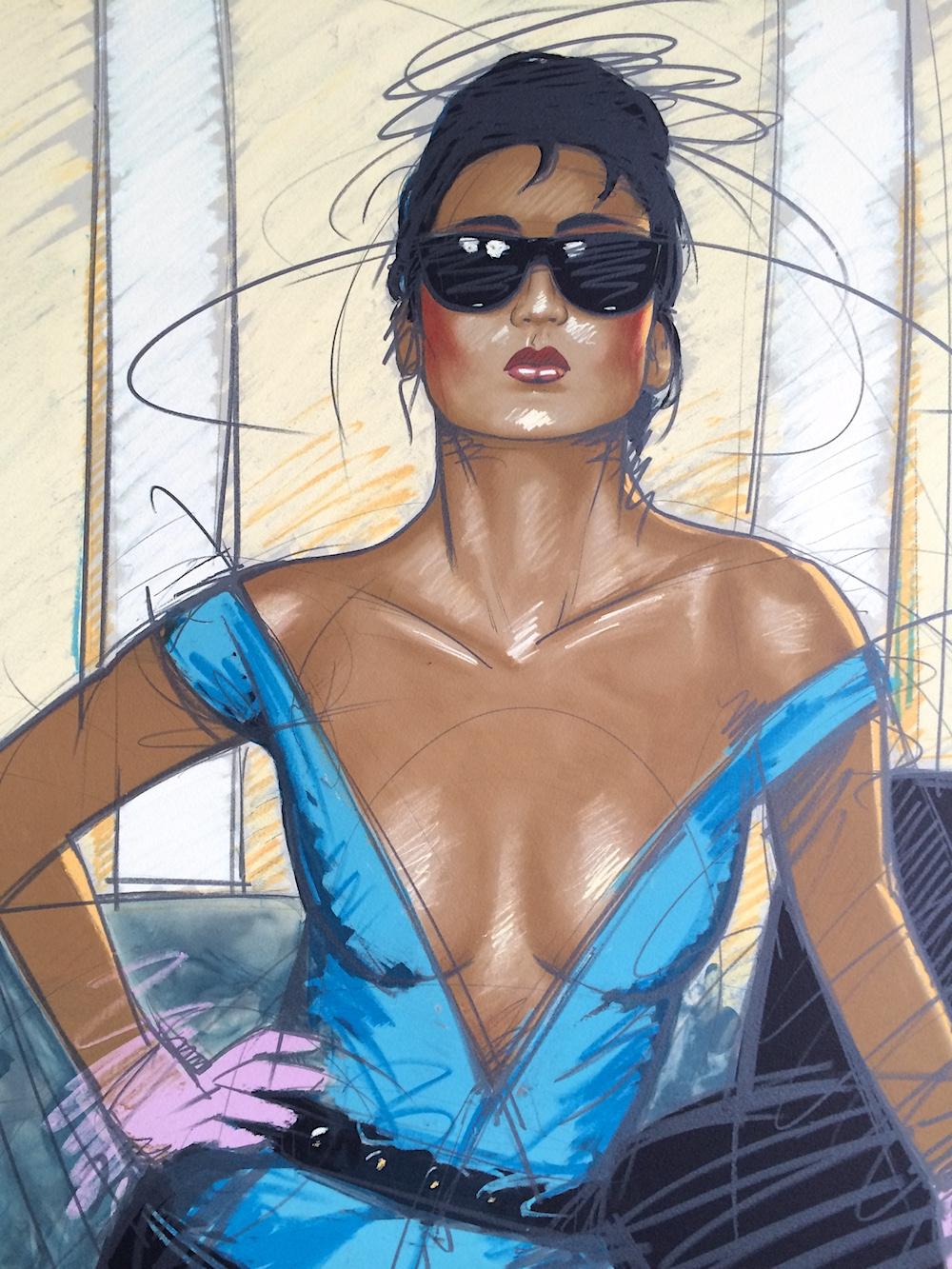 JEANE Signed Lithograph, Fashion Portrait, Exotic Woman, Dark Sunglasses, Gloves - Print by Nico Vrielink