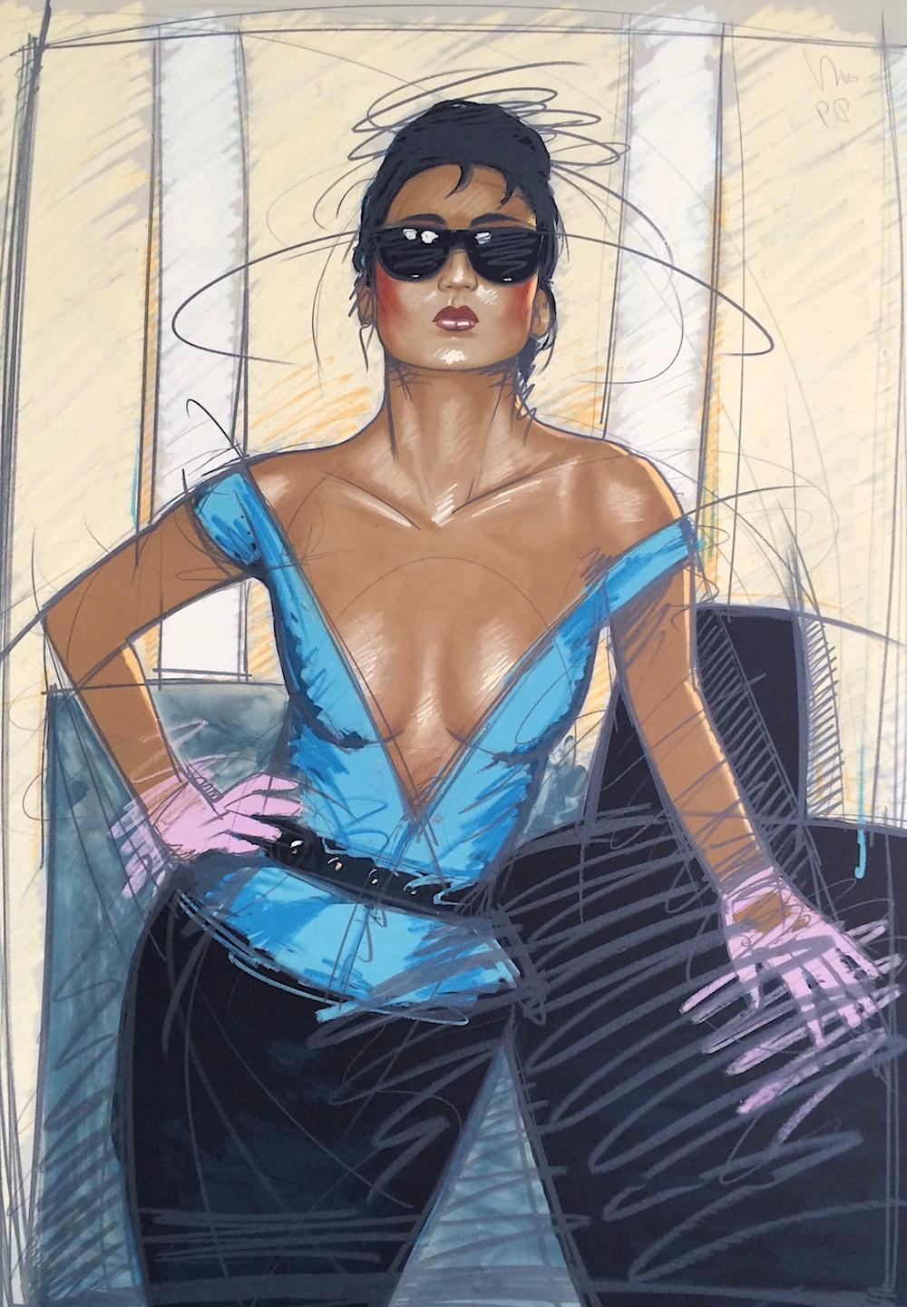 JEANE Signed Lithograph, Fashion Portrait, Exotic Woman, Dark Sunglasses, Gloves