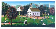 RECESS Signed Lithograph, New England Schoolhouse, Children Playground