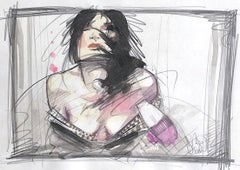 Vintage NIGHT OUT Signed Watercolor, Erotic Female Fashion Portrait, Blow Drying Hair