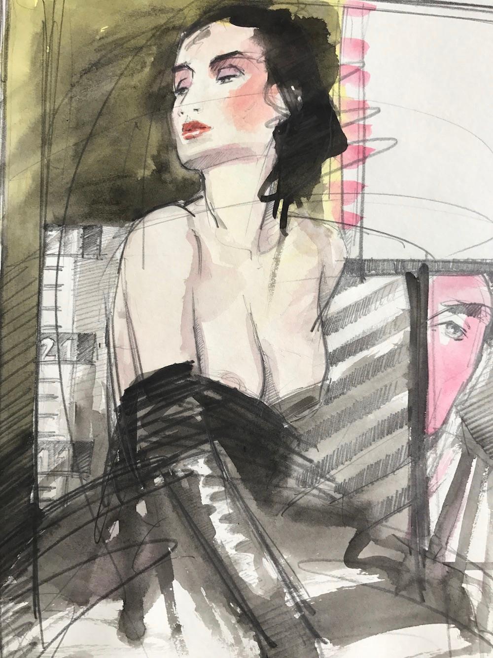 SEDUCTRESS Signiertes Aquarell, erotisches Modeporträt, moderne Boudoir-Kunstwerke – Art von Nico Vrielink