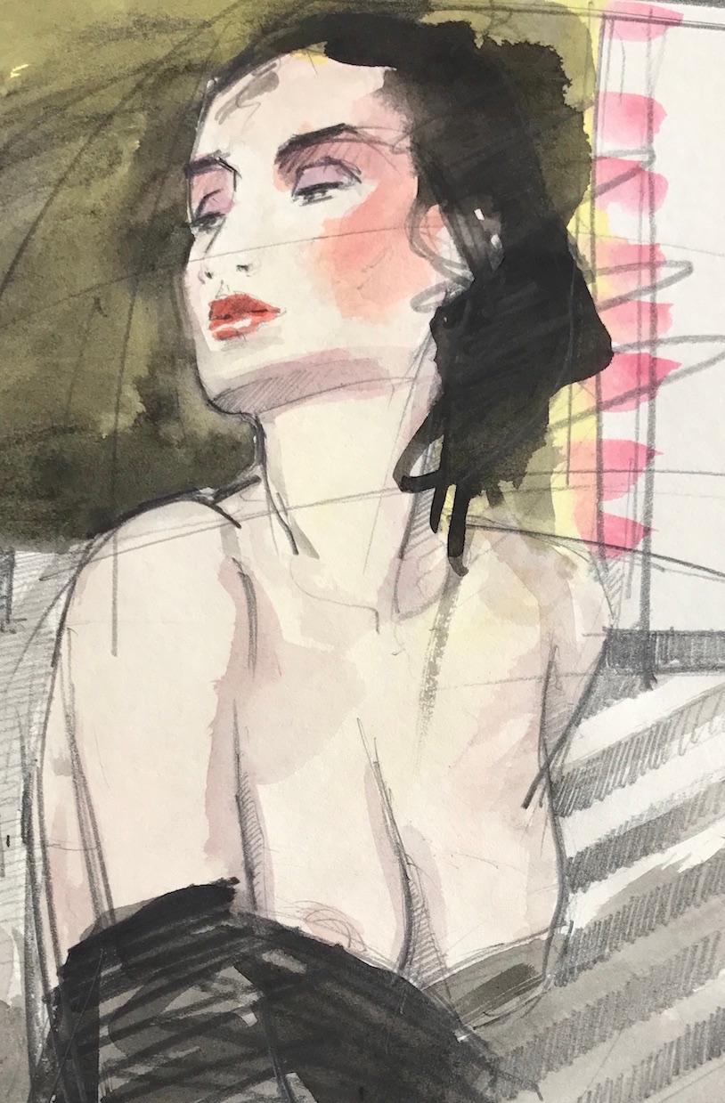 SEDUCTRESS Signiertes Aquarell, erotisches Modeporträt, moderne Boudoir-Kunstwerke (Zeitgenössisch), Art, von Nico Vrielink