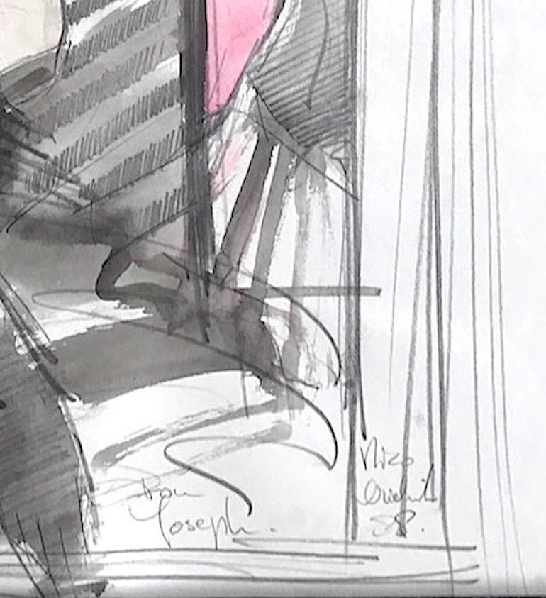 SEDUCTRESS ist ein einzigartiges Original mit Aquarell und Graphit auf Papier, handgezeichnet und gemalt von dem niederländischen Künstler Nico Vrielink. SEDUCTRESS zeigt eine dunkelhaarige junge Frau in einem schulterfreien Abendkleid und langen