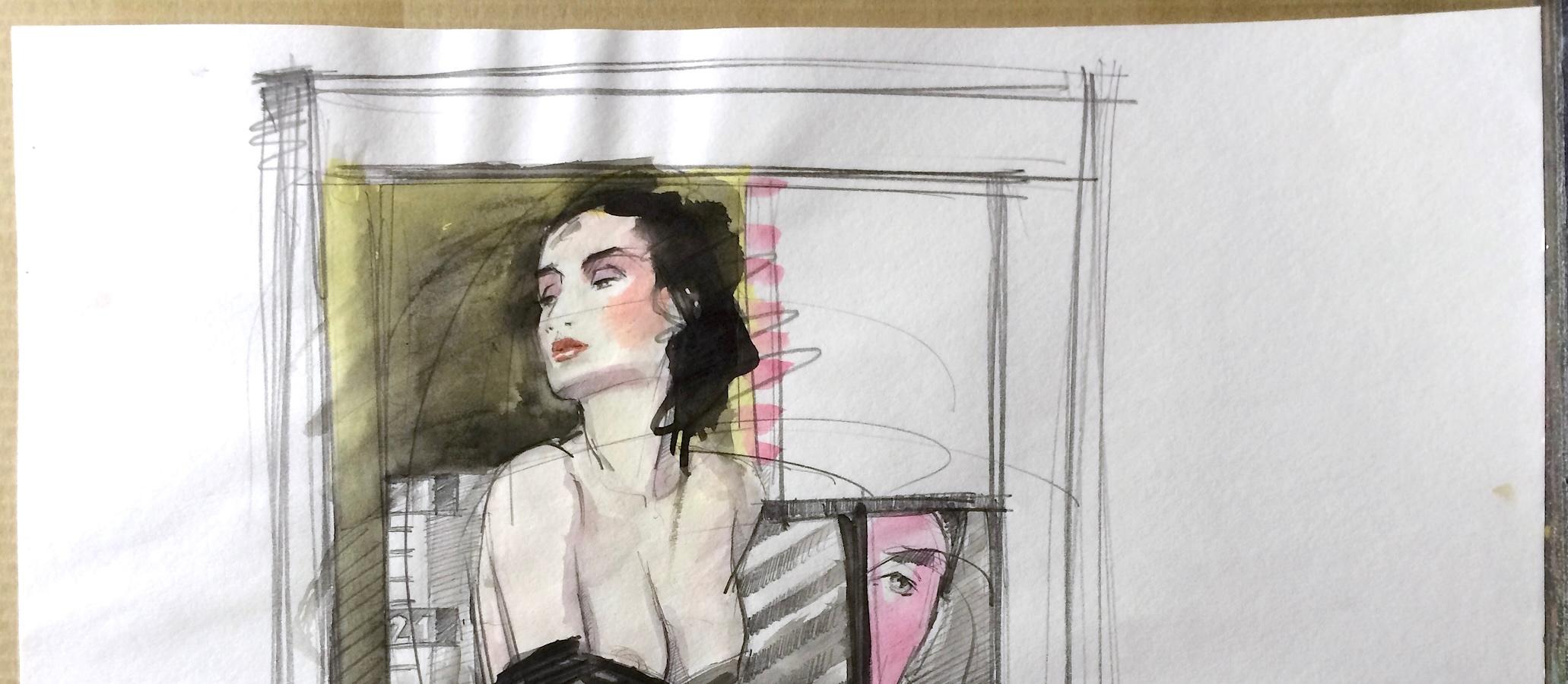 SEDUCTRESS is a unique original mixed media watercolor and graphite on paper, hand drawn and painted by the Dutch artist Nico Vrielink. SEDUCTRESS portrays a dark haired young woman wearing an off-shoulder evening gown and long elegant evening