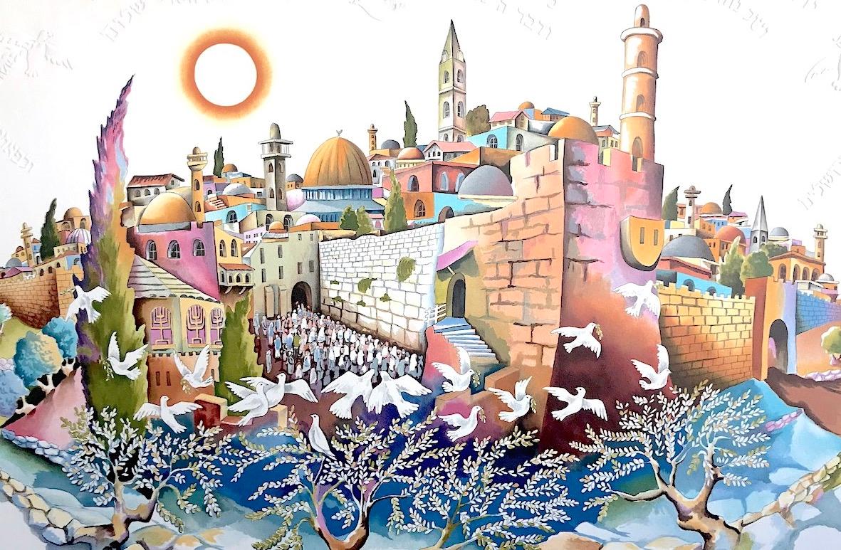 JERUSALEM OF PEACE Signed Embossed Lithograph, Western Wall Jerusalem, Judaica - Print by Ari Gradus