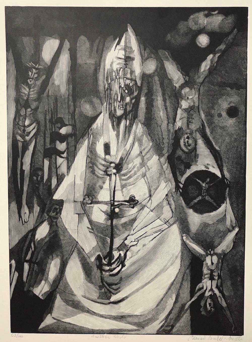 Bernard Brussel-Smith Figurative Print - ANOTHER WORLD Signed Wood Engraving, Surreal Portrait, Macabre Art Skeleton Face