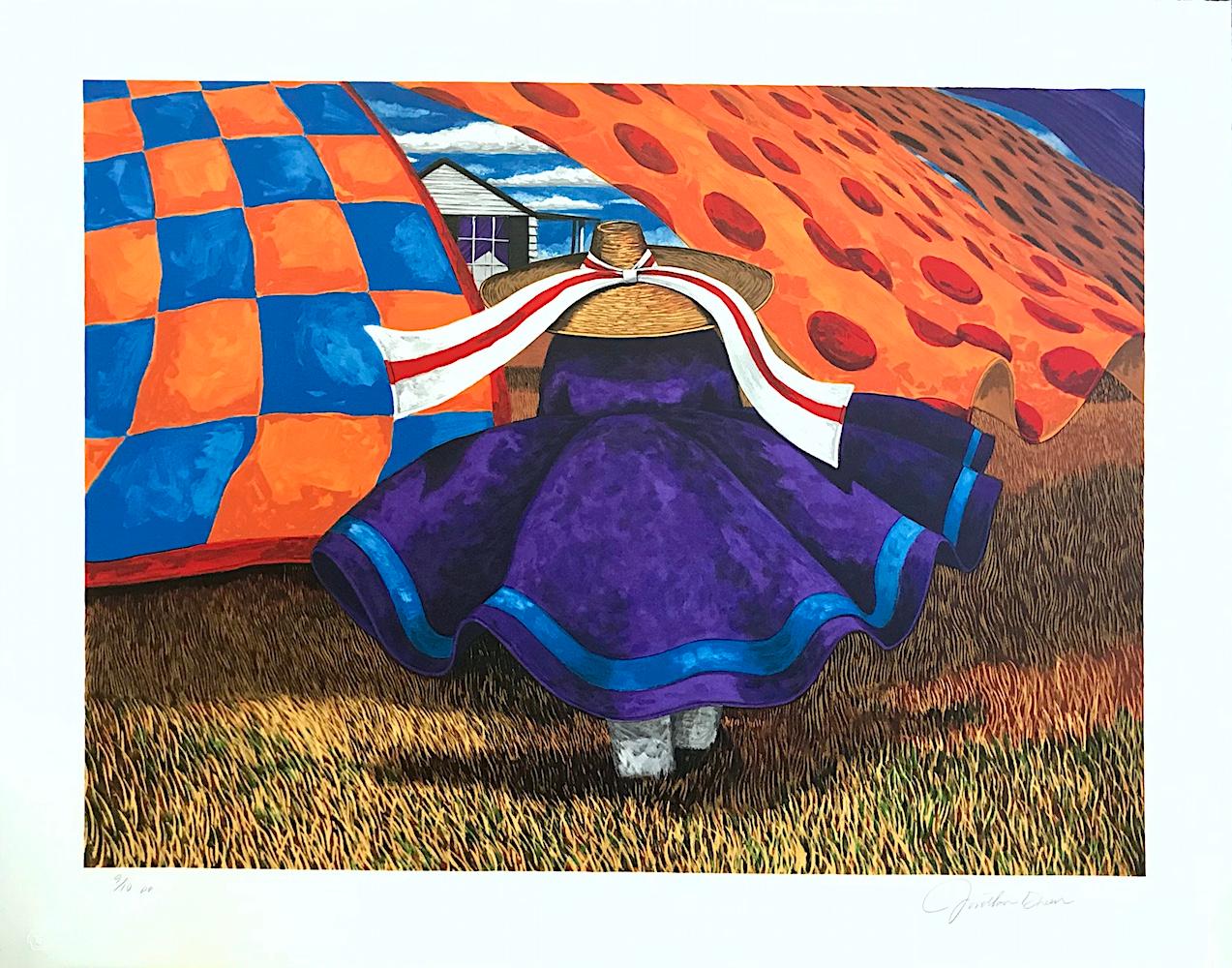 FARM WOMAN Signed Lithograph, Gullah Woman, Quilts, African American Culture - Print by Jonathan Green