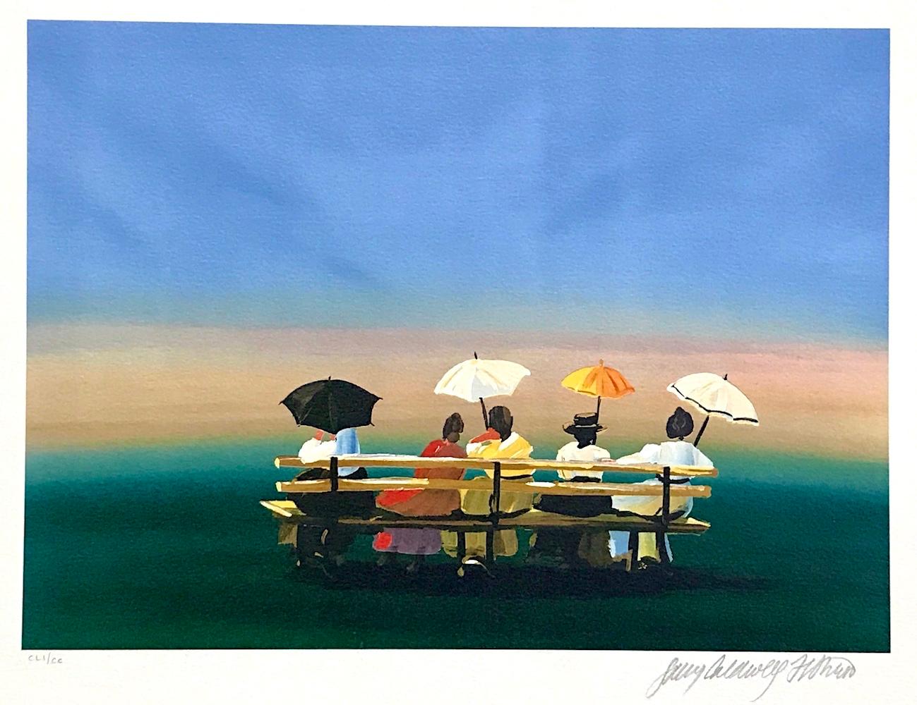 Sally Caldwell-Fisher Figurative Print - RUSTICATORS WATCHING THE SUNSET Signed Lithograph, New England Ladies w Parasols