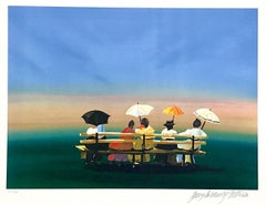 RUSTICATORS WATCHING THE SUNSET Signed Lithograph, New England Ladies w Parasols