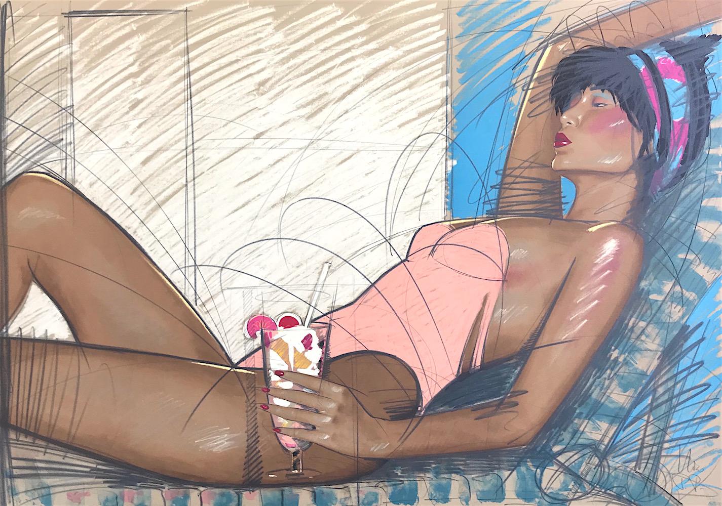 Nico Vrielink Figurative Print - SUNBATHER Signed Lithograph, Sunbather Peach Swimsuit, Lounge Chair, Tall Drink 