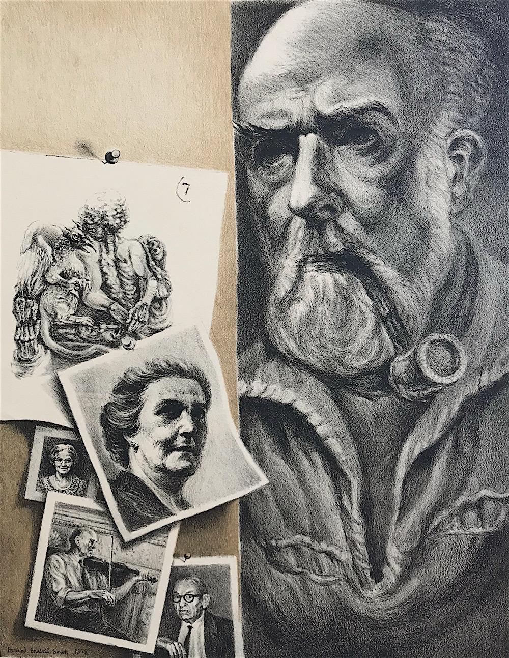 BRUSSEL-SMITH SELF PORTRAIT Hand Drawn Stone Lithograph, Bearded Man w Pipe  - Print by Bernard Brussel-Smith