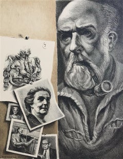 BRUSSEL-SMITH SELF PORTRAIT Hand Drawn Stone Lithograph 1978, Realist Man w Pipe