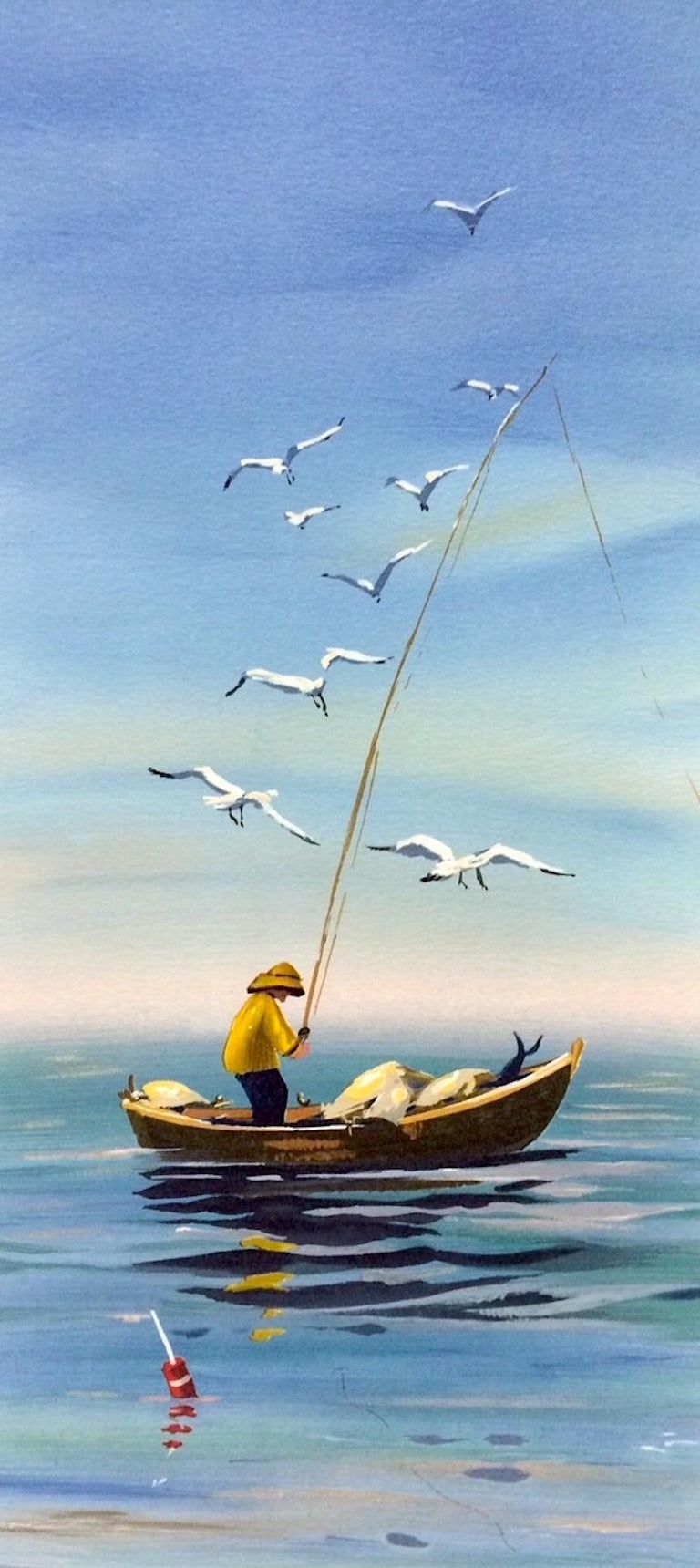 EARLY CATCH Signed Lithograph, New England Fisherman, Small Boat Print, Seagulls - Black Landscape Print by Sally Caldwell-Fisher
