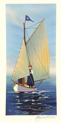 THE LOOKOUT Signed Lithograph, New England Summer, Small Sailboat Print