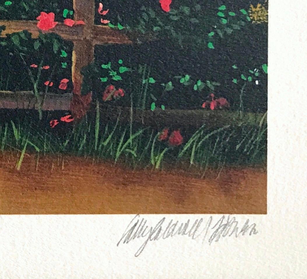 Lithographie signée DREAMING, Femme assise sur une clôture, Été de Nouvelle-Angleterre, Voileterre - Bleu Portrait Print par Sally Caldwell-Fisher