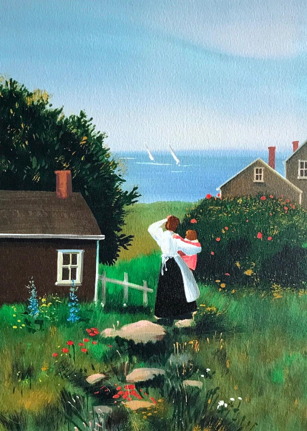 FARAWAY SAILS Signed Lithograph, Mother and Child, New England Summer House - Print by Sally Caldwell-Fisher