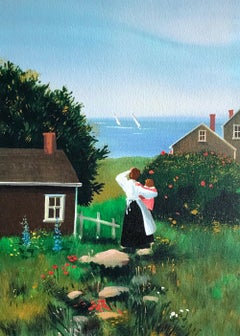 FARAWAY SAILS Signierte Lithographie, Mutter und Kind, Neuengland Sommerhaus