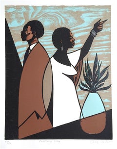 ANOTHER DAY Signed Woodcut, Black Couple Portrait, Brown, Blue, Beige, White