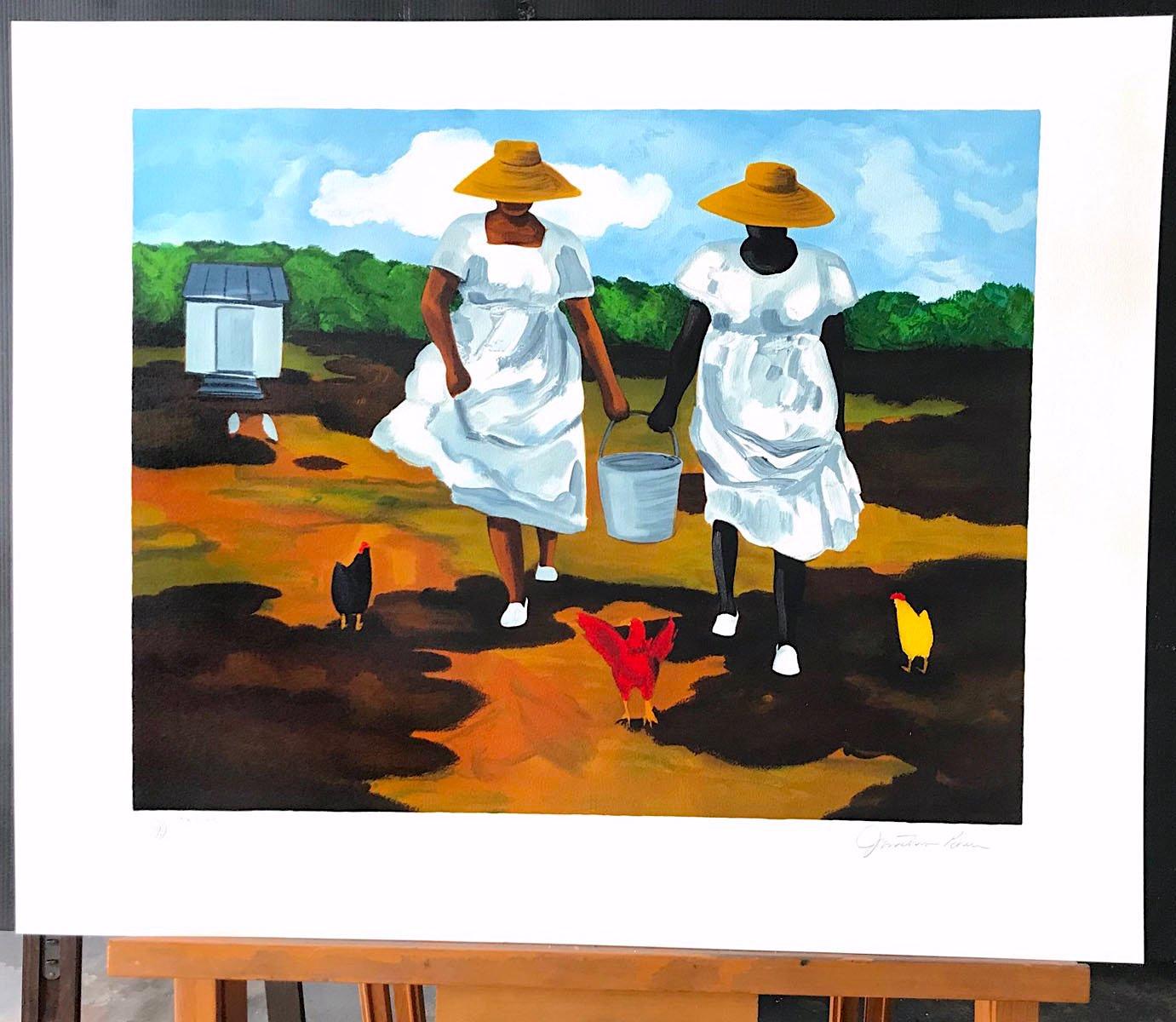 SHARING THE CHORES Signed Lithograph Black Women African American Gullah Culture - Contemporary Print by Jonathan Green