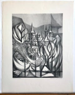 COLLONGES la ROUGE Litografia firmata su pietra, villaggio francese di Corrèze, pavone colomba