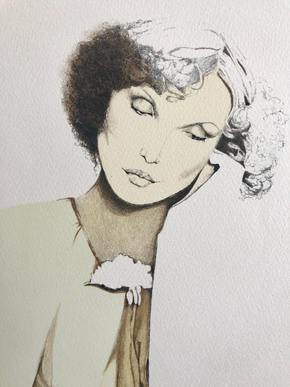 CONTEMPLATION Signed Lithograph, Poetic Female Portrait, Pastel Colors - Print by Christine Rosamond
