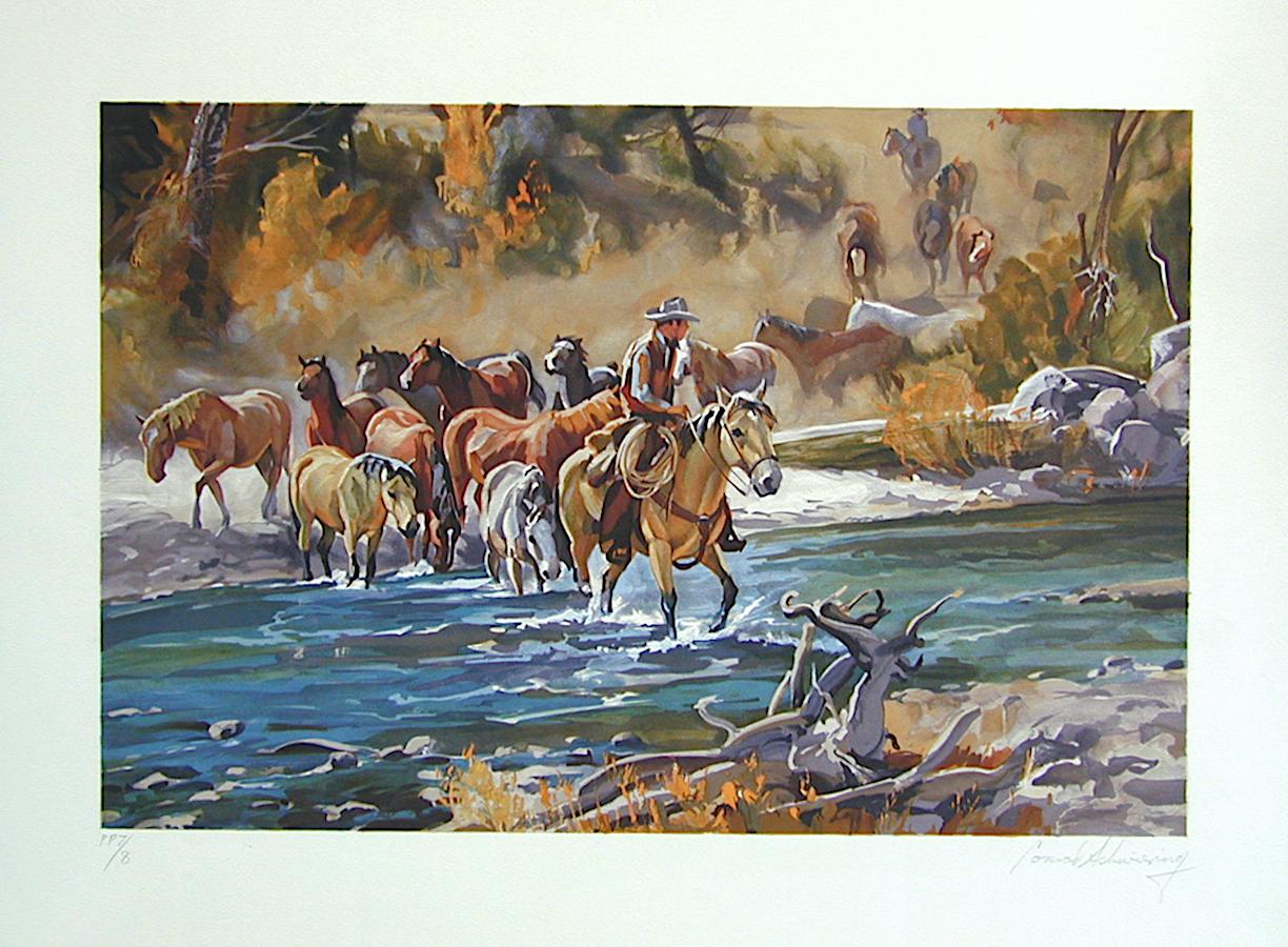 EASIN' EM HOME Signed Lithograph, American Cowboys Crossing River with Horses - Gray Landscape Print by Conrad Schwiering