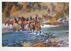 Vintage EASIN' EM HOME Signed Lithograph, American Cowboys Crossing River with Horses