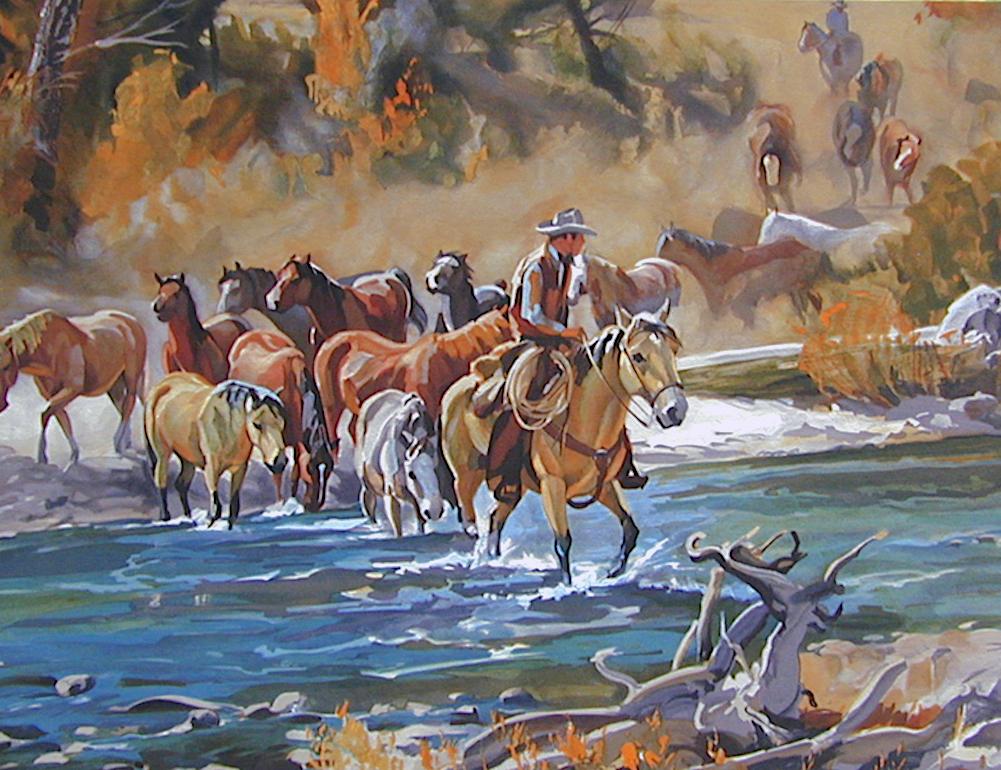 EASIN' EM HOME Signed Lithograph, American Cowboys Crossing River with Horses - Print by Conrad Schwiering