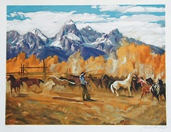 Retro SINGLIN' OUT Signed Lithograph, American Cowboy Roping Horses, Rocky Mountains