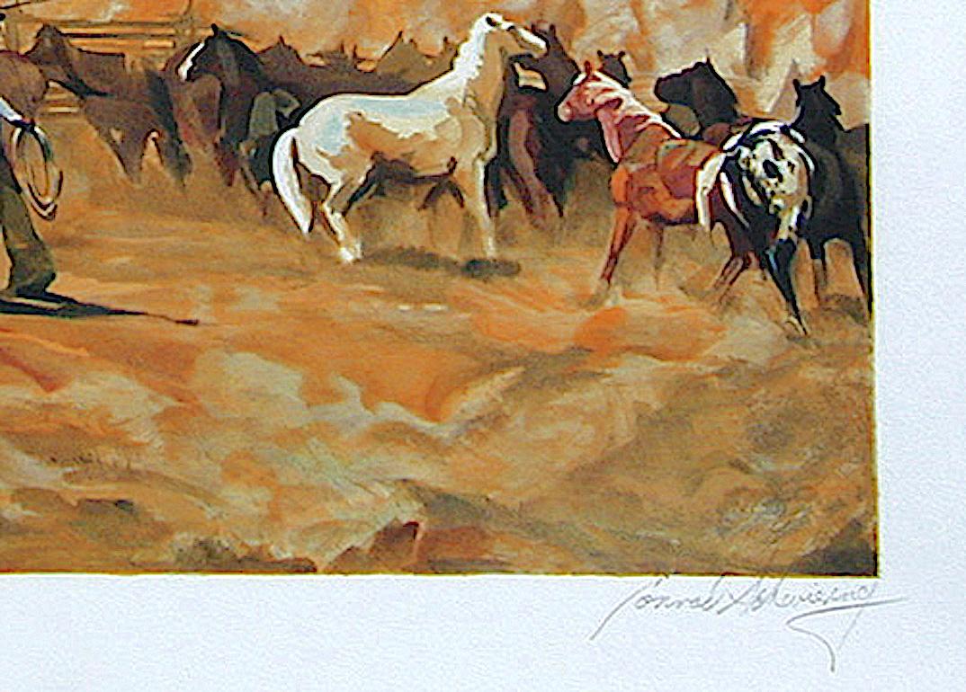 SINGLIN' OUT Signed Lithograph, American Cowboy Roping Horses, Rocky Mountains - American Realist Print by Conrad Schwiering