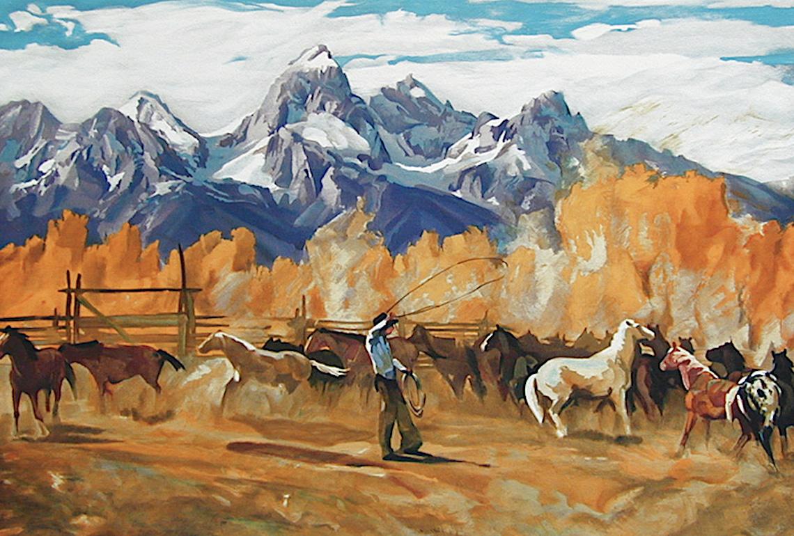SINGLIN' OUT Signed Lithograph, American Cowboy Roping Horses, Rocky Mountains - Print by Conrad Schwiering