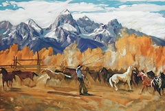 SINGLIN' OUT Signed Lithograph, American Cowboy Roping Horses, Rocky Mountains
