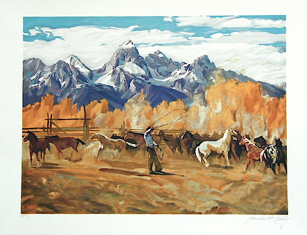 SINGLIN' OUT Signed Lithograph, American Cowboy Roping Horses, Rocky Mountains - Brown Animal Print by Conrad Schwiering