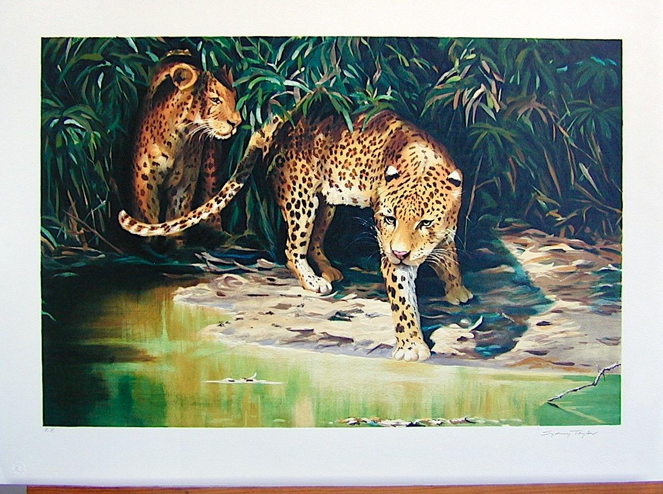 OUT OF THE SHADOWS Signed Lithograph, Leopard Portrait, Wildlife Jungle - Beige Portrait Print by Sydney Taylor